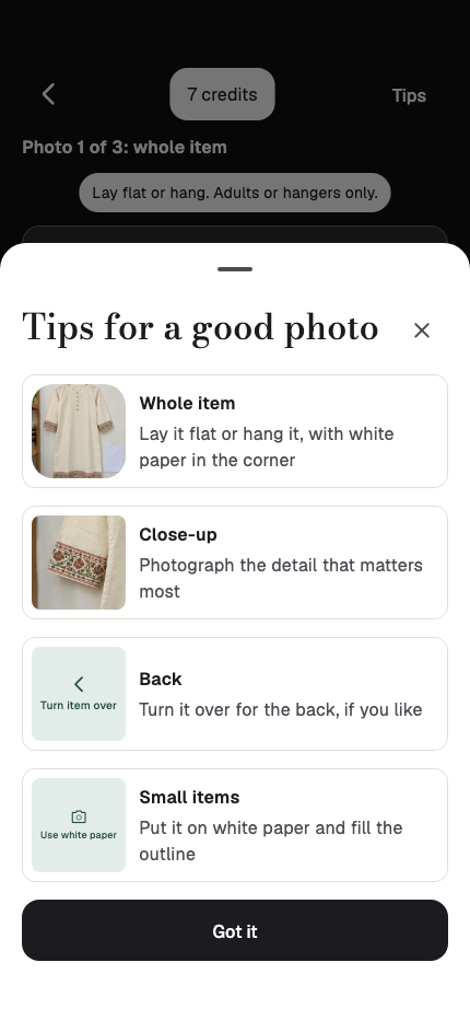Sample Flutter camera tips: whole item, close-up and optional back photo.