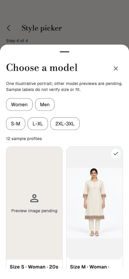 Sample Flutter model picker with one illustrative portrait and other previews pending.